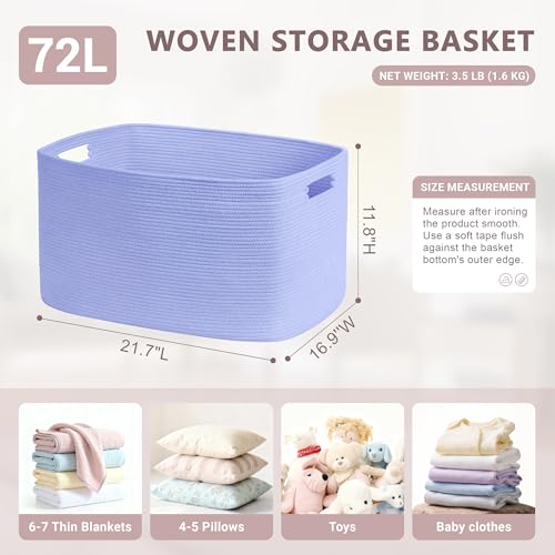 72L Large Baby Girls Laundry Basket for Nursery Storage,Cute Woven cotton Rope Baskets for Kids Toy，Gifts, Boho Square Wicker Blanket hamper for Living Room,Bedroom Dirty Clothes,Blue Purple - color: Blue Purple, size: 72L