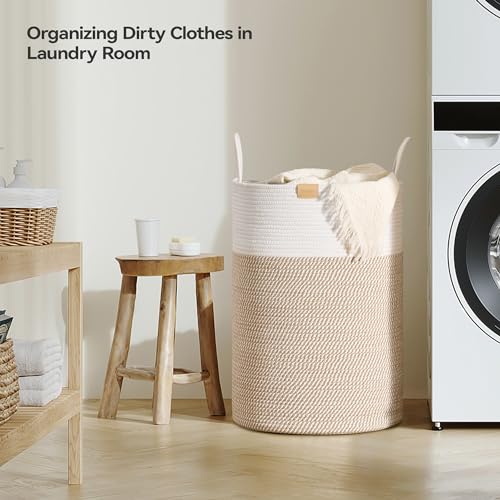 Nunsino Laundry Hamper 95L,Large Laundry Basket for Clothes,Decorative Storage Basket for Blankets,Cotton Rope Woven basket for bedroom,Brown White - color: Brown&White, size: 95L/25.1Gal