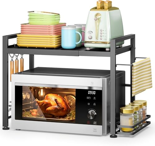 DOLALIKE Microwave Oven Rack, Expandable Microwave Stand Kitchen Countertop Organizer Utensils Storage, Carbon Steel Over Microwave Shelf with 3 Hooks (Black, 2 Tier- With Storage) - color: Black, size: 2 Tier (With Spice Rack)