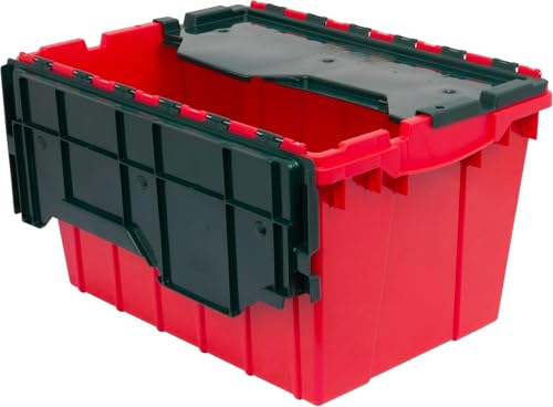Akro-Mils KeepBox 12 Gallon Storage Container, Nesting and Stackable Plastic Storage Box with Lid Attached, Organizer Tote for Garages, Closets, and Moving, 21-1/2" x 15" x 12-1/2", Red/Green - color: Red/Green, size: 12 Gallons
