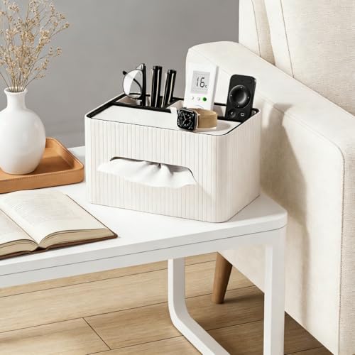 KINGFOM Leather Tissue Box Cover with Storage Tray, Decorative Tissue Box Holder Organizer for Office Desk, Bedroom & Nightstand, Remote Control Holder for Perfume, Watch, Glasses, Pens (Ivory White) - color: Ivory White