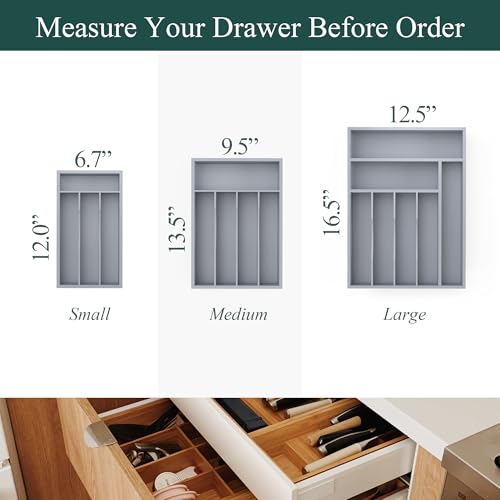 Silverware Organizer, Bamboo Kitchen Drawer Organizer, Utensil Holder, Cutlery Tray & Spoon Flatware Storage with Grooved Drawer Dividers (Grey, 6.7''W x 12''D) - color: Grey, size: 6.7''W x 12''D