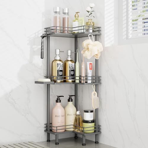 Consumest Corner Shower Caddy Standing - 3-Tier Stainless Steel Shower Organizer with Soap Holder and 4 Hooks, Large Capacity Corner Shelf Stand for Bathroom, Rest Room, Grey - color: Grey, size: 3 Tier