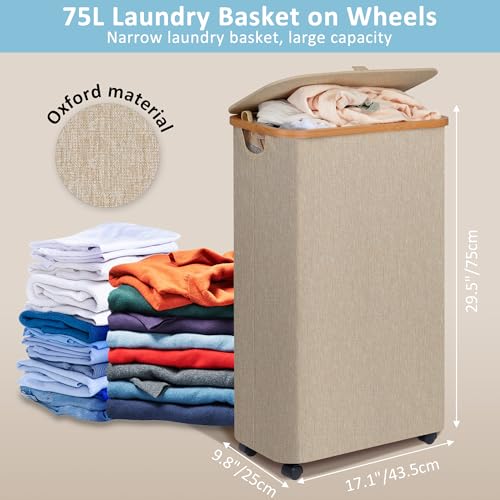 efluky Slim Laundry Hamper with Wheels, Narrow Laundry Basket with Lid and Removable Bag, Aesthetic Dirty Clothes Hamper on Wheels for Laundry Room, Bedroom, Dorm and Bathroom, 75L Beige - color: Oatmeal, size: 75L