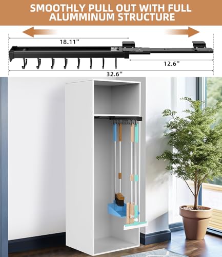 Pull Out Broom Holder With Adjustable Double Row Sliding Hook, Multifunctional Slide Broom And Mop Storage/Organizer Garage Organization Hooks, for Closet Laundry Garage Cupboard - 46cm/18.11inch - color: Black, size: 18.11 inches