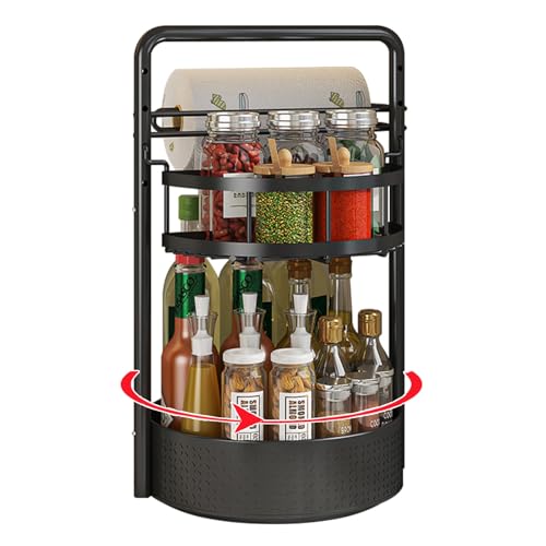 Rotating Spice Rack with Paper Towel Holder, 2 Tier Turntable Lazy Susan, Seasoning Organizer for Kitchen Countertop Cabinet, Black - color: Black
