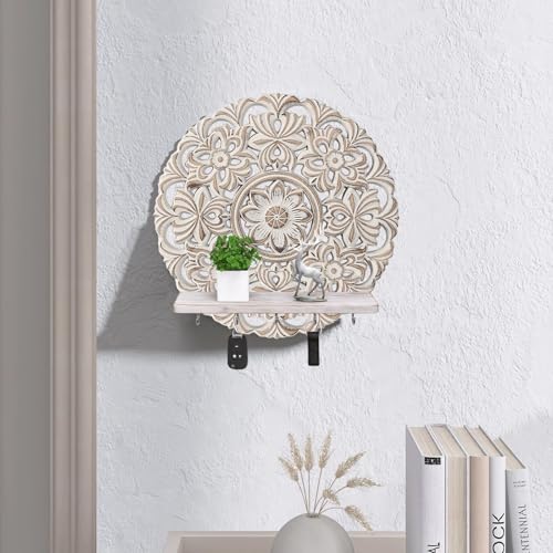 11.6-inch Round Mandala Key Holder for Wall - White Vintage Floral Key Holder with Hooks & Shelf - Farmhouse Decorative Entryway Organizer for Keys, Masks & Mail - Rustic Boho Wall Decor