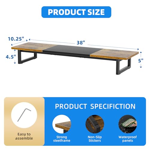 Simple Trending 38 Inch Dual Monitor Stand Riser, Wood and Steel Desktop Organizer for Home Office, Wood and Blck - color: Rustic Brown and Black