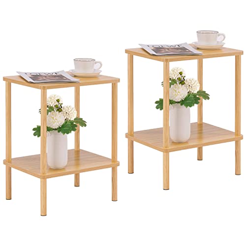 Apicizon 2 Tier End Table Set of 2, Small Side Table with Solid Wood Legs, Boho Bedside Table with Storage Shelf, Nightstand for Small Spaces, Bedroom, Living Room, Entryway, Easy Assembly, Natural - color: Natural, size: 2 Set, style: 2 Tier