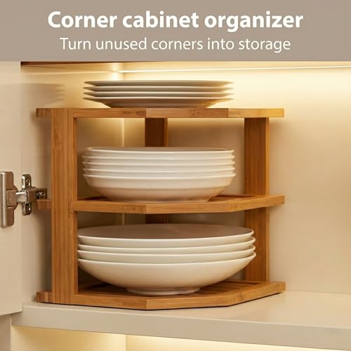 Plate Organizer for Cabinet - 3 Tier Bamboo Corner Shelf Cabinet Organizer for Plates, Bowls, Mugs and Pantry Storage, Space Saving Countertop and Cabinet Corner Shelf, 10 x 10 x 9.5 Inch, Bambusi - color: Bamboo