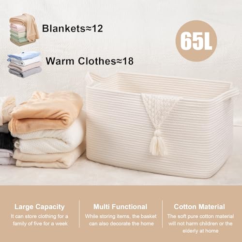 65L Cotton Rope Large Blanket Basket (19.7"x15.7"x11.8") for Living Room, Kids Room & Laundry, Storage Basket with Handle for Organizing Blankets, Pillows, Clothes & Toys, White - color: White, size: 19.7"x15.7"x11.8"