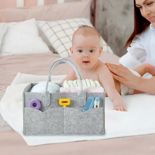 PandaEar 2 Pack Baby Diaper Caddy Organizer, Portable Diaper Holder Nursery Storage Basket for Wipes & baby stuff, Collapsible Baby Organizers with Divided Design (Grey/Brown) - color: Grey/Brown