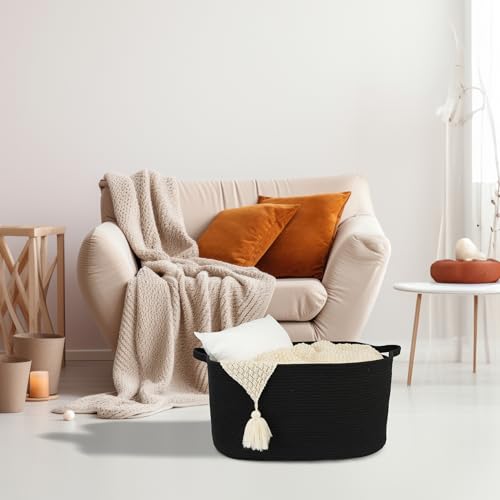 XUANGUO Large Rectangle Blankets Basket Living Room 22"x17"x12" Woven Cotton Rope Storage Baskets for Nursery Toy Baskets for Kids and Dogs Wicker Laundry Basket Bin for Clothes Towels black - color: black