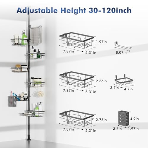 Vatex Corner Shower Caddy Tension Pole,30-120 Inch Adjustable Shower Organizer, 6-Tier Shower Shelves with Towel Rack/Toothbrush Holder/Soap Dish, Bathroom Corner Storage Rust-Resistant - color: Gray