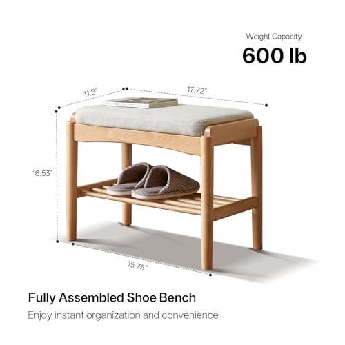 Solid Wood Shoe Bench Assembled, Shoe Rack Bench with Cushion for Entryway, Living Room, Bedroom, Hallway, 11.8" x 17.7" x 16.5", Natural - color: Natural + Light Gray, size: 17.7"