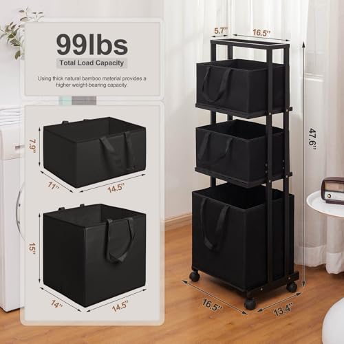 Homde Laundry Basket 3 Tier Bamboo Storage Shelf with Wheels Removable Storage Basket with Handle Freestanding Clothes Hamper Organizer for Bathroom Living Room Bedroom (Black) - color: Black