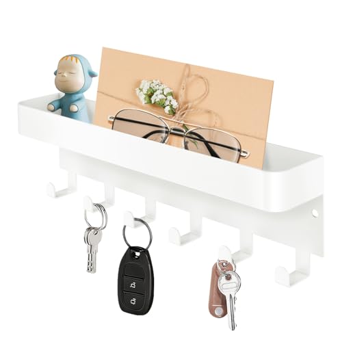 RELBRO Magnetic Key Holder for Fridge, Metal Wall Mount Key Rack with Shelf, 6 Hooks, 2 Installation Options, White - color: White