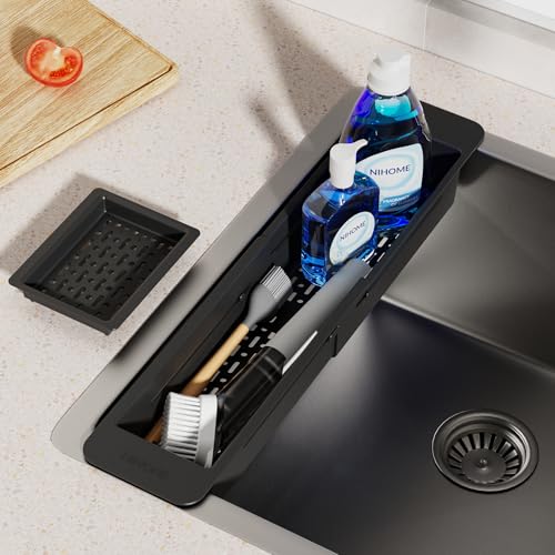NiHome Extendable Over Sink Kitchen Organizer, Small Telescopic Brush Storage Rack for Sponge, Non-Slip Pads Expandable Sink Caddy, Adjustable Sponge/Brush Rack with Drainage Durable ABS (Black) - color: Black 1, size: Standard