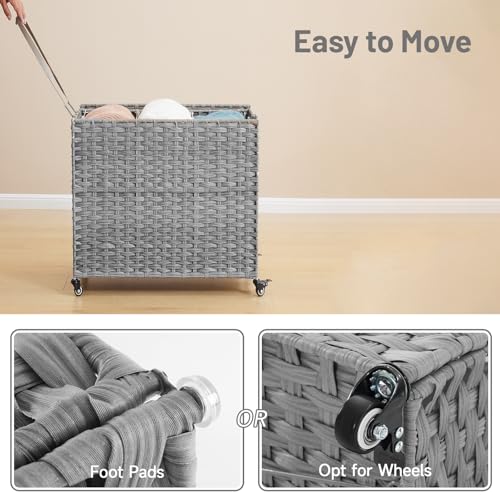 Laundry Hamper with Wheels, 34.3 Gallon(130L) Rolling Laundry Basket with Lid, 3-Section Rattan Clothes Hamper with 3 Removable Liner & 3 Mesh Bags, Laundry Sorter with Side Pocket, Grey - color: Grey, size: 130L（23.62 x 15.75 x 21.65 Inches）
