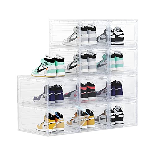 Large Clear Plastic Shoe Boxes Stackable Organizing Sneaker, 10 Pack Drop Front Shoe Storage Boxes for Closet, plastic shoe storage entryway for Size 12 (Clear 10 Pack) - color: Clear, size: 10 PACK
