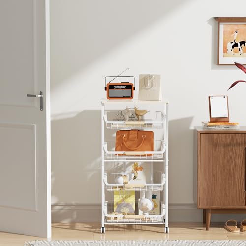 NiuYichee 5-Layer Fruit Basket Kitchen Food Storage Organizer and Storage Rack, Stackable Storage cart with Desktop, Pull-Out Hollow Metal Storage Basket, Wheeled Sorting Rack Spice Rack - color: White 5-layer Rack