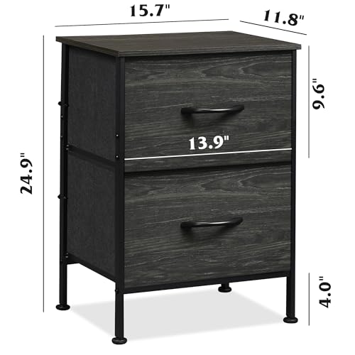 WLIVE Nightstand, Nightstand with 2 Drawers, Bedside Furniture, Night Stand, Small Dresser for Bedroom, College Dorm, End Table with Fabric Bins, Dormitory, Charcoal Black Wood Grain Print - color: Charcoal Black, size: 11.8"D x 15.7"W x 24.9"H