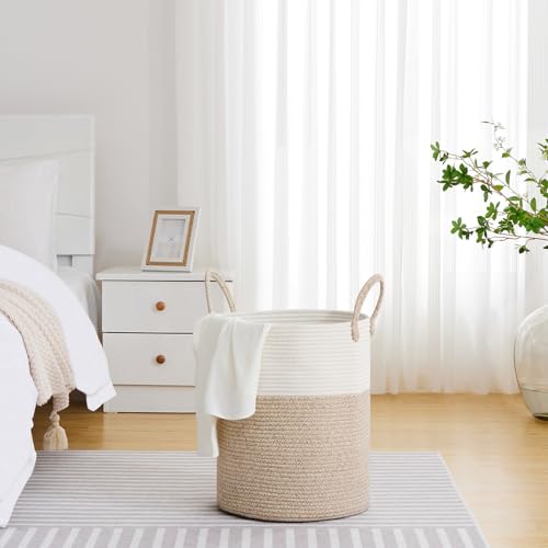 VIPOSCO Large Laundry Hamper, Tall Woven Rope Storage Basket for Blanket, Toys, Dirty Clothes in Living Room, Bathroom, Bedroom - 53L White & Brown - color: Brown, size: 53L