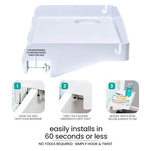Modern Innovations 2 Count Bedside Organizer for Bed – Clip On Tray with Cup & Cord Holder – for College Dorm, Top Bunk, or Kids Bedroom (White) - color: White