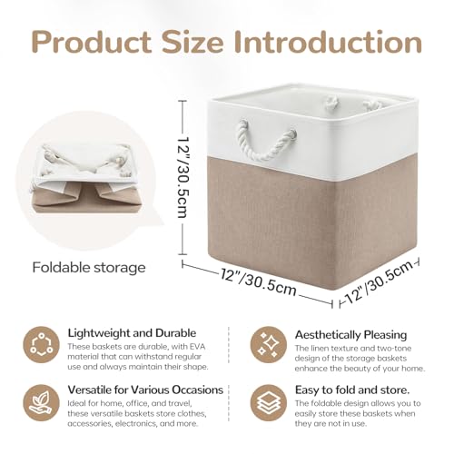 12 x 12 Inch Cube Storage Bins, 4 Pack Fabric Storage Basket with Handles, Foldable Boxes Organizer for Shelf Baskets for Home, Clothes (White/Khaki) - color: WhiteKhaki, size: 12inX12inX12in-4P