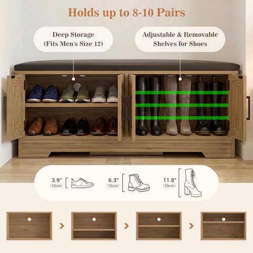 Farmhouse Shoe Storage Bench with Cushion - 43.3" Entryway Bench with Storage & 4 Barn Doors, 2-Tier Wooden Shoe Rack Bench, Shoe Cabinet & Mudroom Bench for Bedroom Hallway Living Room, Brown Oak - color: Greige