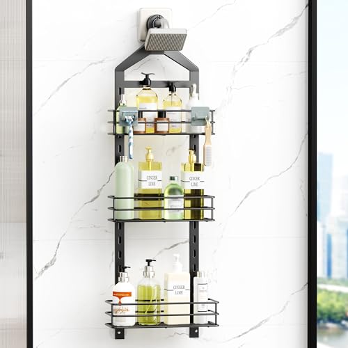 Orimade Adjustable Anti-slip Shower Caddy over Head, Rustproof Bathroom Hanging Organizer with 2 Hooks for Razor, No Drilling Shower Shelves Storage Rack 3 Tier, Black - color: Black