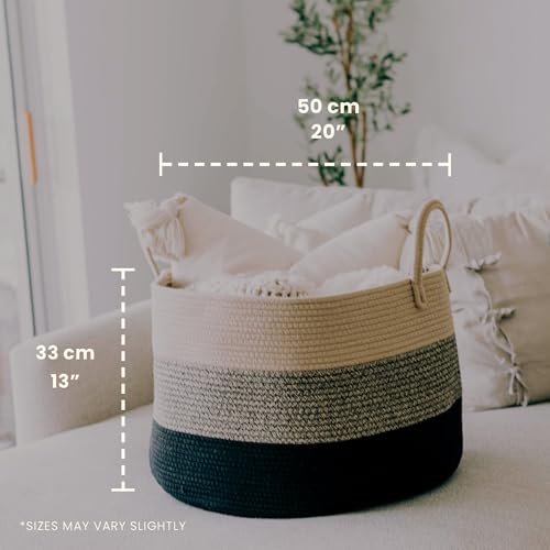 OrganiHaus Large Woven Storage Basket for Blankets and Toys 20" x 13" Inch, Rope Laundry Basket with Handles, Cushions & Pillows Storage Bin, Nursery Hamper, Soft Round Dog Toy Bin - Brown/Black - color: 3-toned Brown, size: Wide
