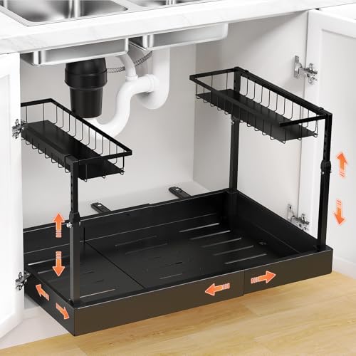 Aisslro Under Sink Organizer, 2 Tier Under the Sink Storage, Expandable Adjustable Slide Out Pull Out Under Cabinet Organizers Shelf, for Kitchen Bathroom Pantry Closet Organization, Black - size: Small