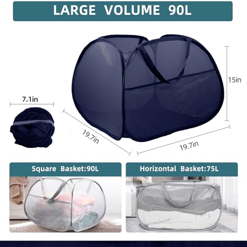 Collapsible Laundry Baskets, 90L Large Foldable Laundry Basket, Durable Mesh Pop Up Hampers for Laundry, Dirty Clothes Laundry Hamper for Bedroom, Bathroom, Dorm, Laundry Room, Travel or Camping Navy - color: Navy
