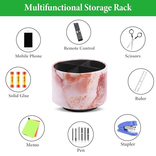 Round Leather Art Supply Organizer,Remote Control Holder,360-degree Rotating Pen Organizer with 4 Compartments(1-Marble Pink) - color: 1-Marble Pink
