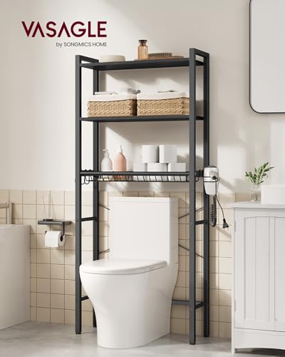 VASAGLE Over the Toilet Storage, Over Toilet Bathroom Organizer with Adjustable Shelves and Basket, 3 Hooks, Space Saving, 9.4 x 23.6 x 63 Inches, Ebony Black UBTS113BE01S - color: Ebony Black, style: 3 Tiers (63" H)