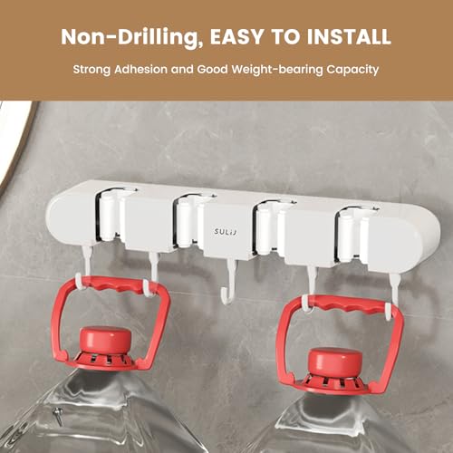 3PCS Broom Holder Wall Mount, No-Drilling Self-Adhesive Mop and Broom Storage Rack (4 Racks with 5 Hooks),Wall-Mounted Broom Hanger for Bathroom, Kitchen, Closet, Garage (White) - color: White