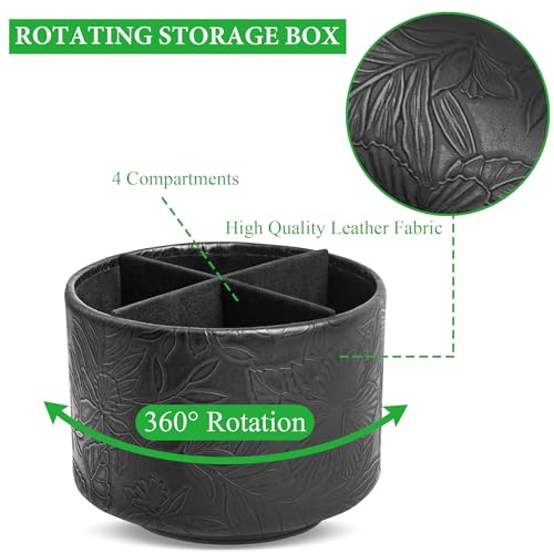 Hennaja Round Leather Art Supply Organizer,Remote Control Holder,360 Degree Spinning,Multi-Functional Pencil Holder,4 Compartments Desktop Stationary Organizer(1-Carved Black) - color: 1-Carved Black
