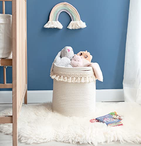 Mkono Macrame Decorative Cotton Rope Basket Boho Nursery Decor Small Cute Woven Tassel Closet Storage Bins Organizer for Baby Toys,Magazines, Potted Plants Cover,Living Room,Bedroom, 15.7"x19.6" - size: 15.7"x19.6"