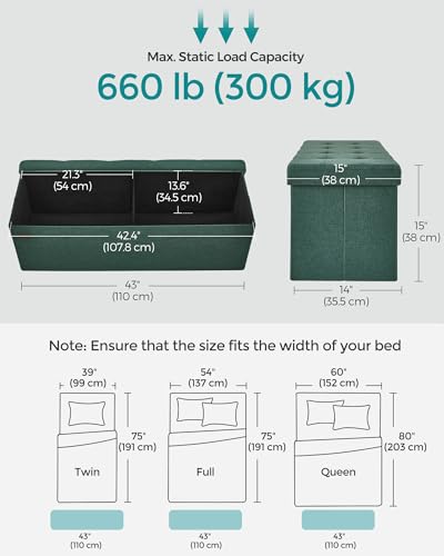 SONGMICS MAZIE Collection - 43 Inches Folding Storage Ottoman Bench, Ottoman Foot Rest, End of Bed Bench, Storage Chest, Load 660 lb, for Living Room, Bedroom, Entryway, Retro Green ULSF077C01 - color: Retro Green, size: 15"D x 43"W x 15"H