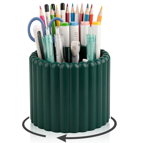 Anyoifax 360° Rotating Pen Holder 7 Slots Desk Organizer Removable Pencil Cup Plastic Art Supplies and Accessories Desktop Storage Box Caddy for Office, School, Home (Teal Green) - style: Stripe Teal Blue