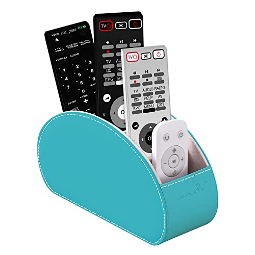 Remote Control Holders Organizer Box with 5 Compartment PU Leather Multi-functional Office Desk Storage Caddy Store Tv Remote for Media Player,Brush,Pencil,Glassees&Office Supplies (Lake Blue) - color: Lake Blue, size: S