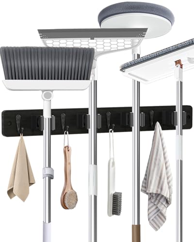 AceMining Broom Holder Wall Mounted, Black 4 Holders and 4 Hooks Mop Holder, Wooden Mop and Broom Holder with Anti slip rubber, Natural pine wood Brush Holder, Mop Wall Holde with Nail installation - color: Black, size: 1 Pack