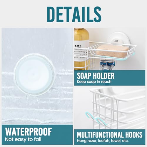 TAILI Shower Caddy Suction Cup with Hooks & Soap Holder, Heavy Duty Bathroom Shower Organizer, No Drilling Shelves for Inside Bathroom, Metal Storage Basket - style: 1 × White