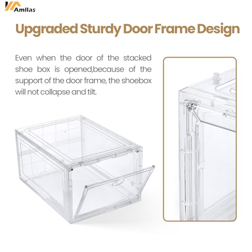 Amllas 12 Pack Clear Shoe Boxes Stackable,Shoe Storage Boxes for Closet,Sturdy Shoe Box Storage Containers with Clear Door,Sneaker Storage,Easy to Assemble,Fit up to US Size 12(13.8”x 9.84”x 7.1”) - color: Clear, size: 12 Pack