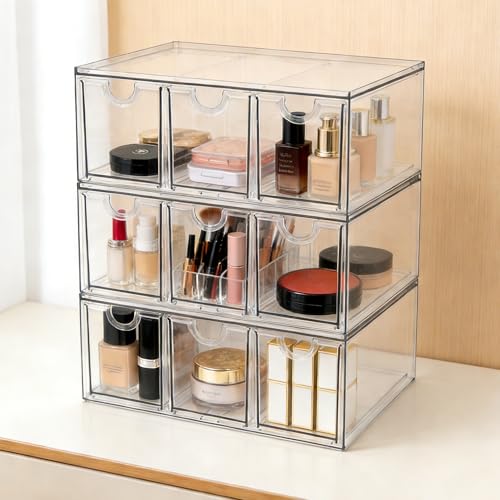 Prsildan Acrylic Makeup Organizer, 3 Pack Stackable Storage Drawers with 9 Drawers for Office Desk Vanity Craft Room Clear Drawer Organizers for Hair Accessories Art Supplies Cosmetics Modular System - style: Style3-9Drawers