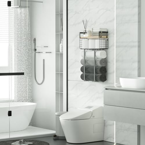 Xstydes Towel Racks for Bathroom, Metal Towel Holder with Storage Basket,Wall Towel Rack for Rolled Towels, Towel Storage for Small Bathroom. - color: Wood, size: Large