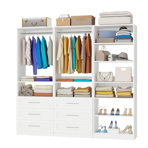 Closet System with 3 Sets, 6-15.8FT Custom Closet Organizer System with 6 Drawers & 8 Shelves & 5 Hanging Rods, Max 189"W Closet Shelving System, Walk in Closet Organizers and Storage System, White