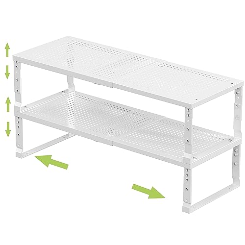 Jojocross Expandable Adjustable Stackable Kitchen Organizer, Spice Rack,Metal Pantry Storage Shelves Racks,Counter Shelf for Cabinets, Countertop, Cupboard(2 Packs/Large/White) - color: 2 Packs/White, size: 10.24"D x 16.6"~26.5"W x 6.1"/7.5"H