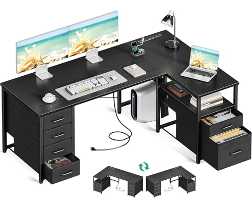 Coleshome L Shaped Computer Desk with 6 Drawers & Power Outlet, 55 Inch Corner Desk with Reversible Storage Shelf & File Drawer, Home Office Desk, Black - color: Black, size: 55 Inch